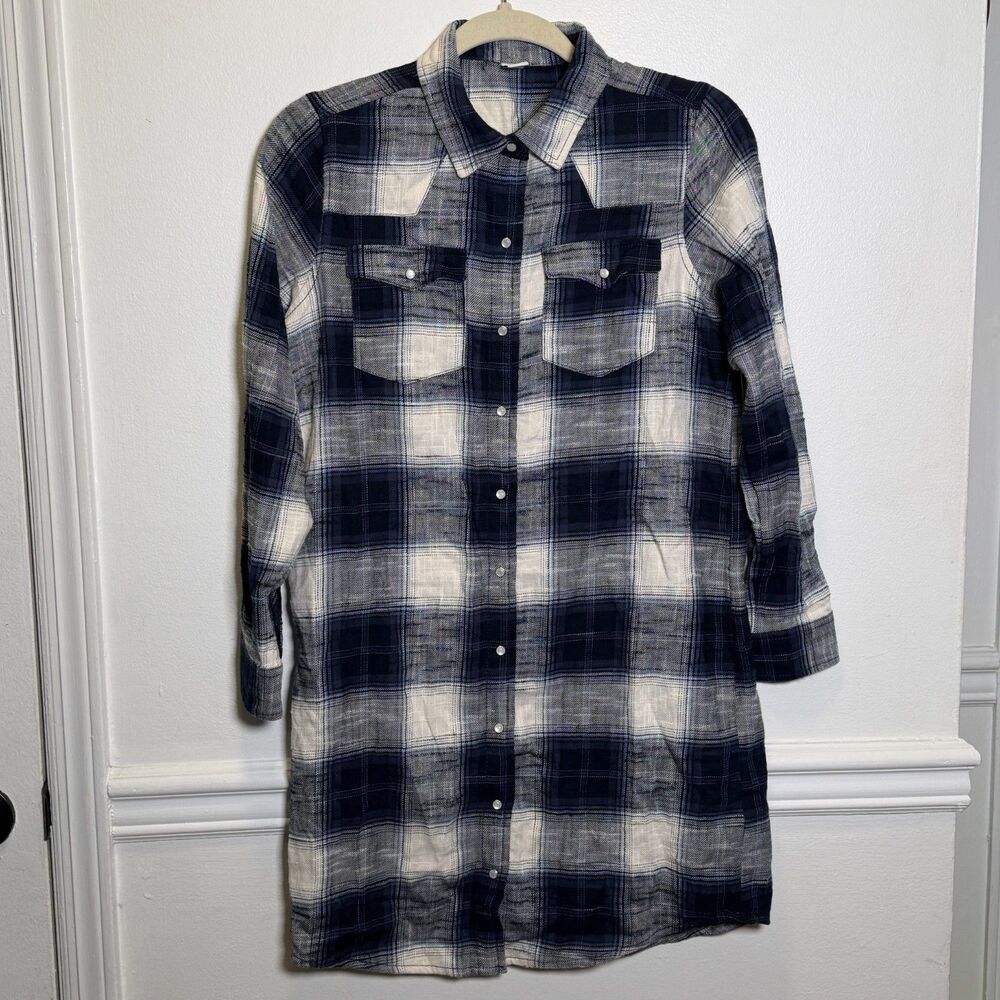 Y2K Minimalist Old Navy Plaid Shirt Dress Blue White Cotton Snap